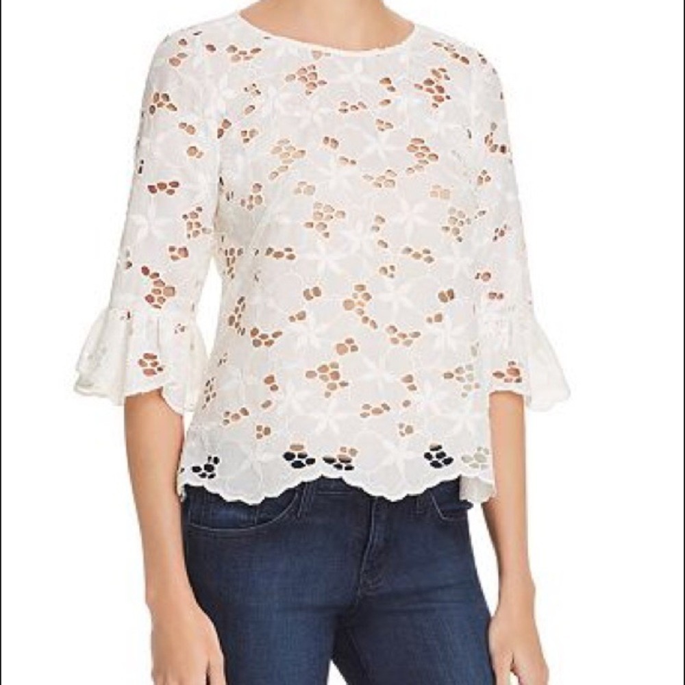 Rebecca Taylor White Eyelet Floral Lace Ruffle Sleeve Button Back Top Size 8